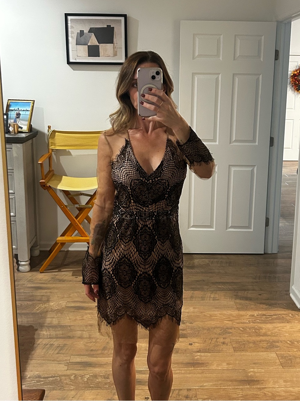 Luxxel Black Lace-Overlay Nude Mini Dress